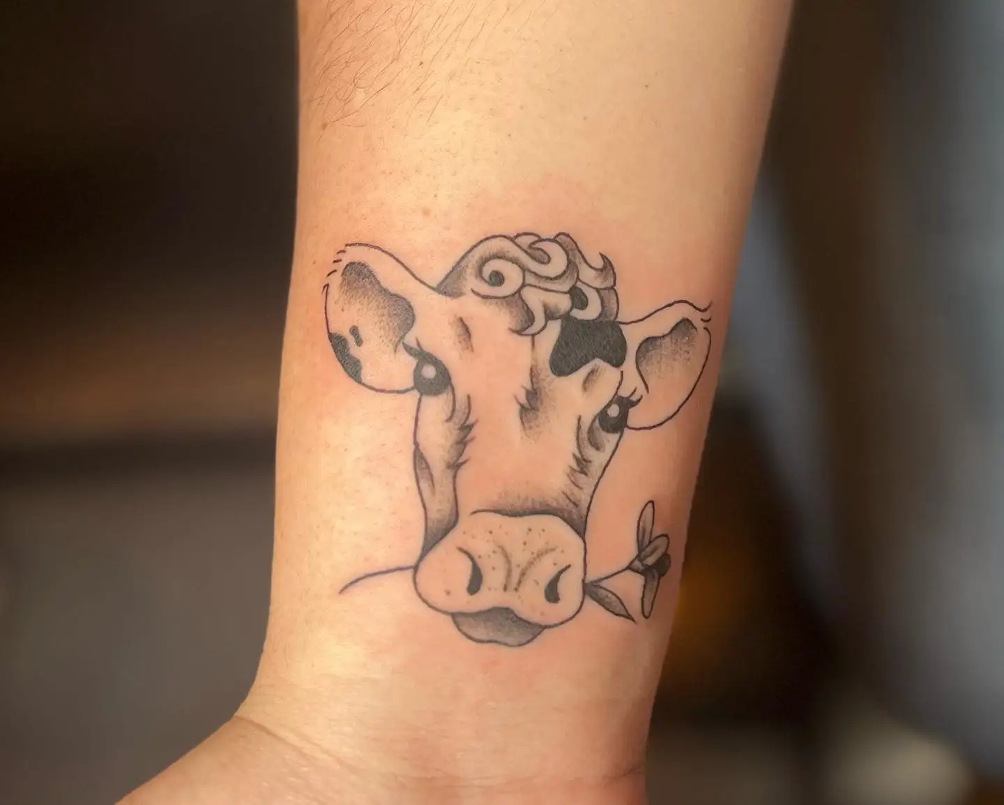 Fine line cow portrait on a forearm