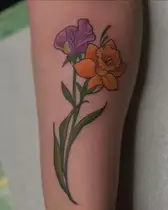 Birth flowers in color: an orange daffodil and a purple sweet pea