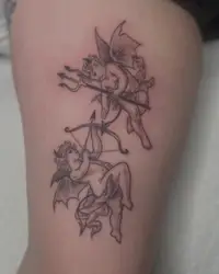 Two stipple shaded devil cherubs with small wings