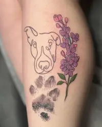 Fine line dog portrait with purple lilacs and a paw print