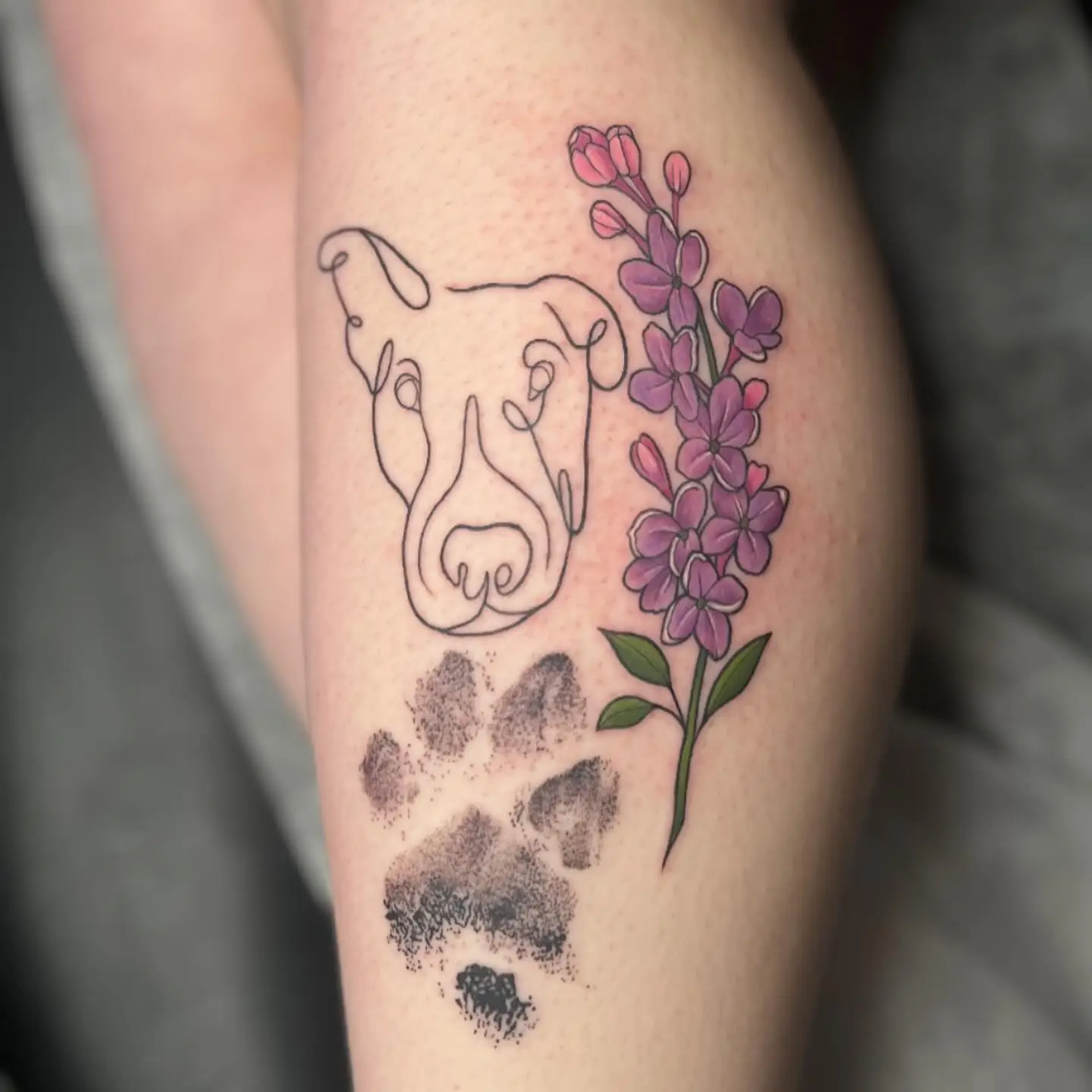 Fine line dog portrait with purple lilacs and a paw print