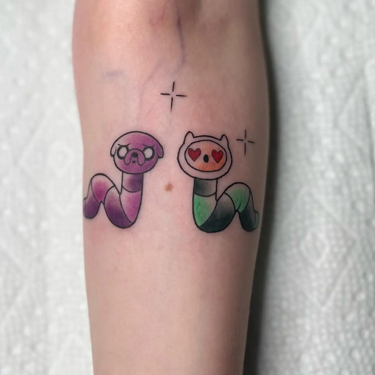 Two cartoon worms dressed as Finn and Jake from Adventure Time