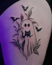 Sheet ghost holding a black cat with bats and leaves