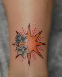Orange sun with sparkle shading and daffodils