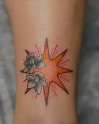 Orange sun with sparkle shading and daffodils