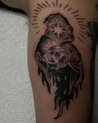 Traditional grim reaper with a halo in black and grey