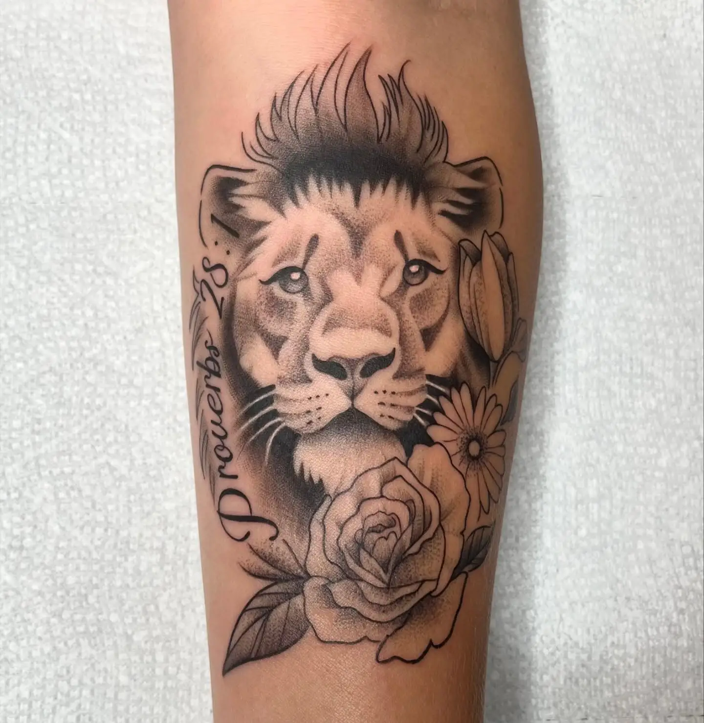 Black and grey lion portrait with a rose and script on a forearm