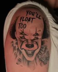 Realistic Pennywise clown with the words you’ll float too