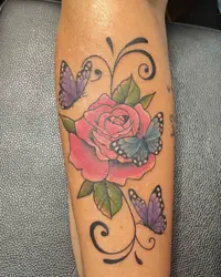 Pink rose with purple butterflies and swirls