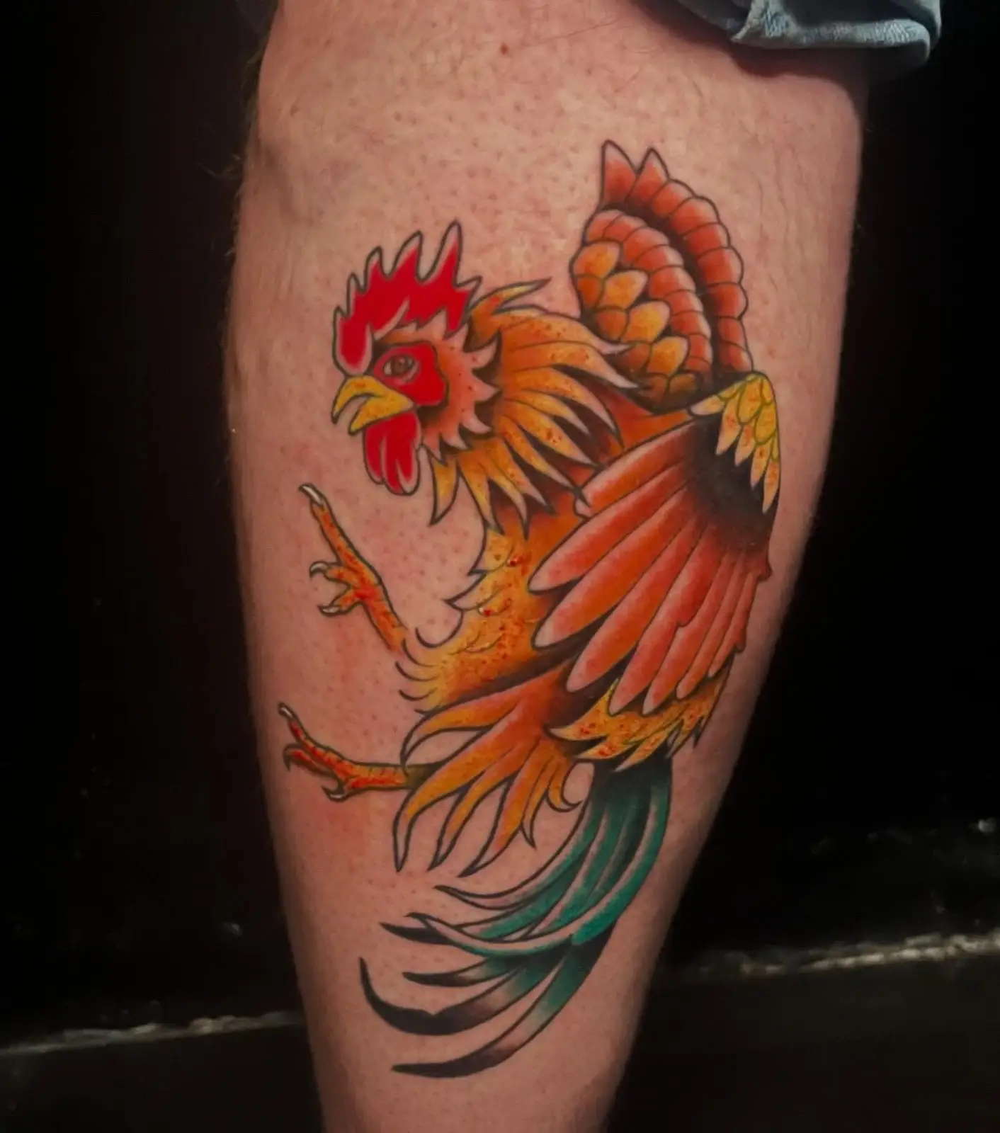 American traditional rooster tattoo in red, orange and green on a calf