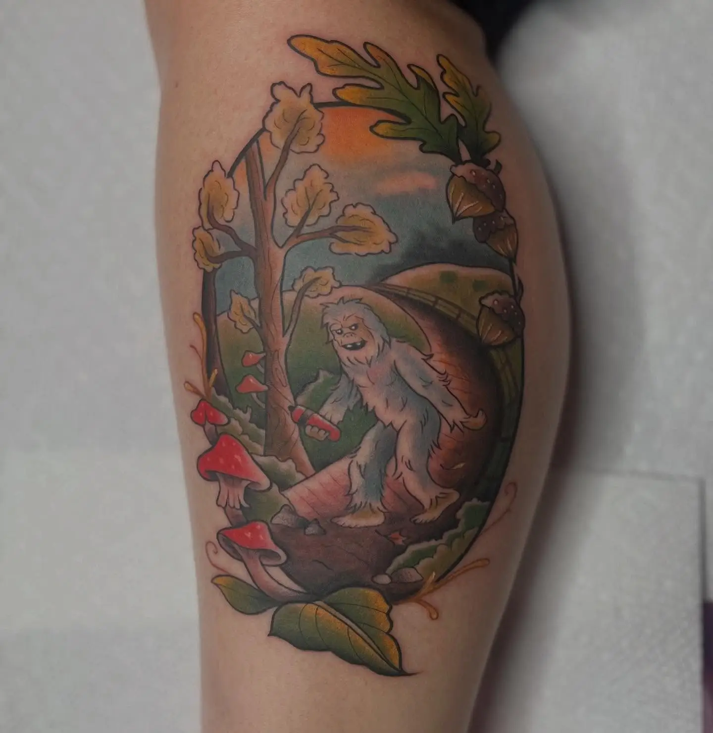 Full color yeti running through autumn trees