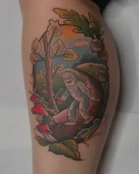 Full color yeti running through autumn trees